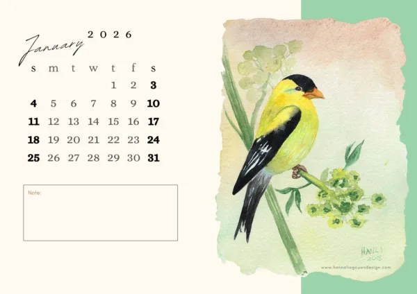 Free Watercolour Bird Calendar 2026 - Watercolour Bird Paintings